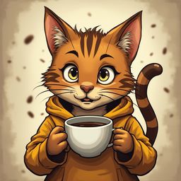An orange tabby cat, wearing a yellow hoodie, holds a white coffee cup and gazes at the viewer with coffee-stained fur.