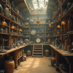 An antique shop features wooden shelves, various objects, and a central clock, with a warm and inviting atmosphere.