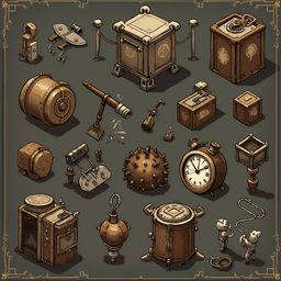 An assortment of antique and mysterious objects, including a golden barrel, chest, telescope, clock, lantern, orb, and figurines, are arranged on a dark green background.