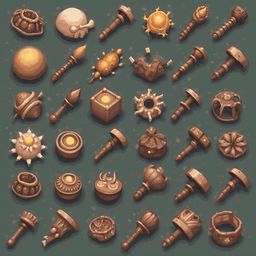 An assortment of antique-looking objects, primarily in brown hues, features unique shapes, patterns, and decorative elements.