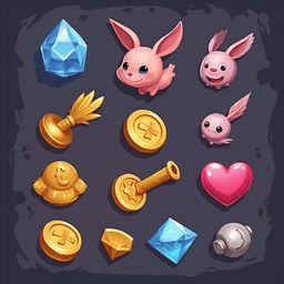 An assortment of cartoon characters and objects, including bunnies, crystals, coins, a heart, a key, a cannon, and a treasure map, are arranged on a dark background.