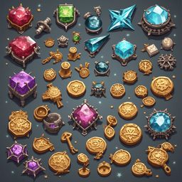 An assortment of colorful and intricately designed jewelry, gemstones, and metallic objects arranged on a dark gray background.