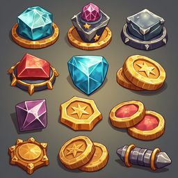 An assortment of colorful and unique game items, including gemstones, coins, keys, and tools, are arranged against a gradient gray background.