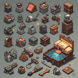 An assortment of colorful and unique isometric objects, including a green tank, red and white shield, gray machine, blue pool, brown chest, and yellow tool, are arranged on a gray background.