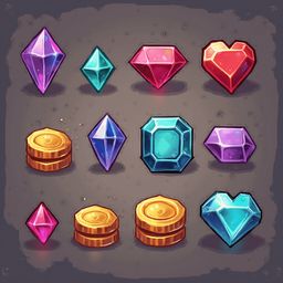An assortment of colorful gems, coins, and a heart, arranged on a dark gray textured background.