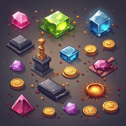 An assortment of colorful gems, coins, and a trophy are scattered across a dark background.
