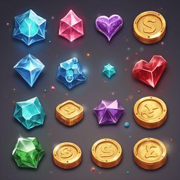An assortment of colorful gems, coins, and hearts arranged on a dark background.