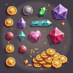 An assortment of colorful jewels, coins, and gems arranged on a dark background.