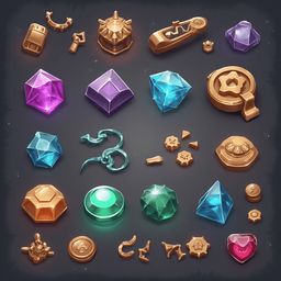 An assortment of colorful jewels, gems, and metallic objects in various shapes, sizes, and colors, arranged against a dark gray background.
