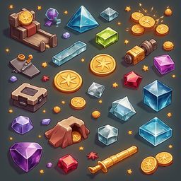 An assortment of colorful objects, including gems, coins, a chest, a tree, a telescope, and tools, are scattered across a dark background.