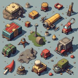 An assortment of colorful vehicles, including cars, trucks, and spaceships, are arranged on a blue-gray surface with rocks and dirt.