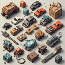 An assortment of colorful, whimsical vehicles and objects, including a tank, train, car, truck, and crane, are arranged on a light gray background.