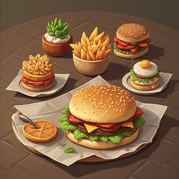 An assortment of food items, including a burger, fries, salad, orange, and sauce, is arranged on a brown table.