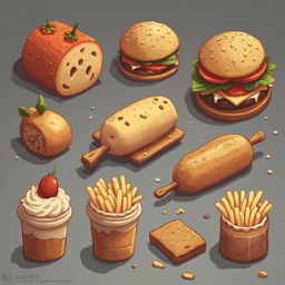An assortment of food items, including a tomato-topped bread roll, burger, fries, cake, donut, and bread, is arranged on a gray background.