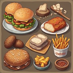An assortment of food items, including burgers, bread, fries, condiments, and cheese, is arranged on a brown surface.