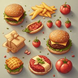 An assortment of food items, including burgers, fries, tomatoes, strawberries, and sausage, is arranged on a light blue background.