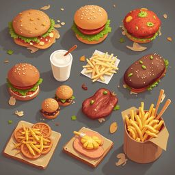 An assortment of food items, including burgers, fries, meat, milk, and condiments, is arranged on a dark gray background.