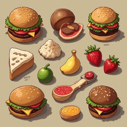 An assortment of food items, including burgers, fruit, ice cream, and condiments, is arranged on a beige background.