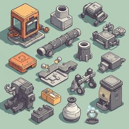 An assortment of futuristic and industrial objects, including orange and gray buildings, pipes, machinery, and vases, are arranged on a green background.