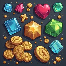 An assortment of gold and gem-like objects, including hearts, diamonds, cubes, and spheres, is scattered across a dark background with gold accents.