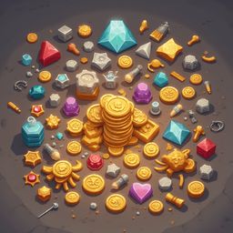 An assortment of gold, silver, blue, red, and green objects, including swords, coins, crystals, and figurines, is scattered across a dark surface.