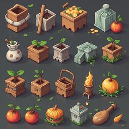 An assortment of isometric containers and objects, including boxes, planters, pots, barrels, baskets, and tools, contains various items like fruits, vegetables, and fire.