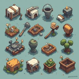 An assortment of isometric objects, including a wooden house, bucket, stove, shovel, wheelbarrow, tractor, tractor, planter, and tree, are arranged on a light blue background.