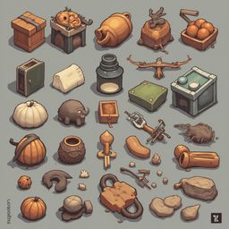 An assortment of isometric objects, including a wooden box, pitcher, basket, pumpkin, elephant, bird, tool, rock, and pot, are scattered across a gray backdrop.