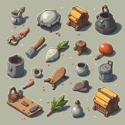 An assortment of isometric objects, including a cauldron, hammer, pot, chest, axe, bow, quiver, and jug, are arranged on a light green background.