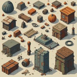 An assortment of miniature wooden and metal structures, resembling buildings or tools, arranged on a beige surface.