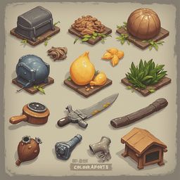 An assortment of objects, including a chest, onions, pumpkins, tools, and plants, is arranged on a beige background.