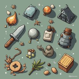 An assortment of objects, including a knife, teapot, chest, bowl, candle, flower, nut, bead, and branch, are scattered across a light green backdrop.