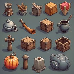 An assortment of objects, including a pumpkin, plant, wooden box, horn, pot, turtle, and pitcher, are arranged on a muted green background.