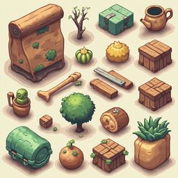 An assortment of objects, including a tree, pot, teapot, lantern, barrel, rock, box, and cactus, is arranged on a light background.