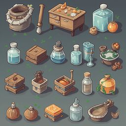 An assortment of objects, including jars, bottles, bowls, and tools, is arranged against a dark gray backdrop with scattered green leaves.