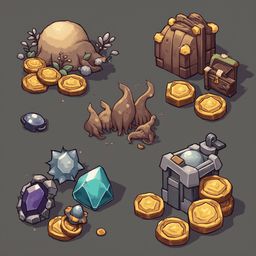 An assortment of treasures, including a golden chest, gemstones, coins, a wooden box, a blue crystal, and a small creature, are scattered across a dark gray background.
