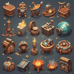 An assortment of unique and colorful objects, including a wooden chest, a stone furnace, a metal pot, a blue orb, and a wooden table, are arranged against a dark gray backdrop.