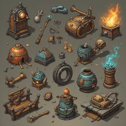 An assortment of unique, colorful, and intricate objects, including vases, barrels, clocks, tools, and flames, are scattered across a dark background.
