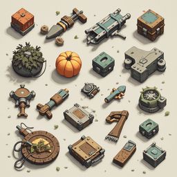 An assortment of unique, colorful boxes and containers, resembling futuristic gadgets or toys, are scattered across a beige background.