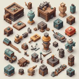 An assortment of unique, colorful buildings, vehicles, and machinery arranged in a grid-like pattern.