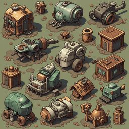 An assortment of unique, colorful vehicles and structures populates a textured, green environment.
