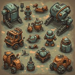 An assortment of unique, colorful vehicles and structures, including robots, spaceships, and vehicles, are arranged on a textured background.