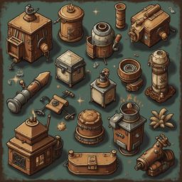 An assortment of unique, detailed, and colorful objects, including containers, barrels, and engines, arranged on a dark green background.