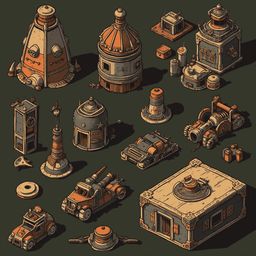 An assortment of unique, futuristic buildings in orange and gray hues, complete with visible details and mechanisms, arranged on a dark green background.