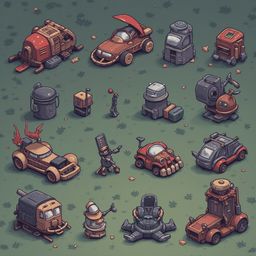 An assortment of unique vehicles, including cars, trucks, and robots, populates a grassy field against a muted green backdrop.