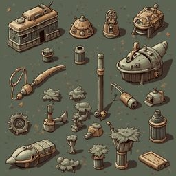 An assortment of unique, vintage-looking objects in muted greens, browns, and beige, arranged on a textured green background.