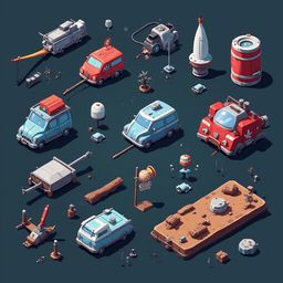 An assortment of vehicles and objects, including a gray truck, red car, blue van, rocket ship, lamp, crane, crane, lamp post, barrel, and pile of rubble, are arranged on a dark blue background.