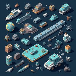 An assortment of vehicles and structures in various colors and shapes, arranged in a grid-like pattern against a dark blue background.