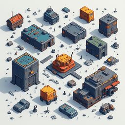 An assortment of vehicles and structures in various colors and designs populates a white-bitized cityscape.