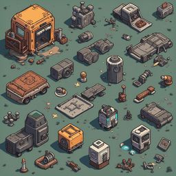 An assortment of vehicles, structures, and objects in various colors and states of disrepair are scattered across a lush green field.